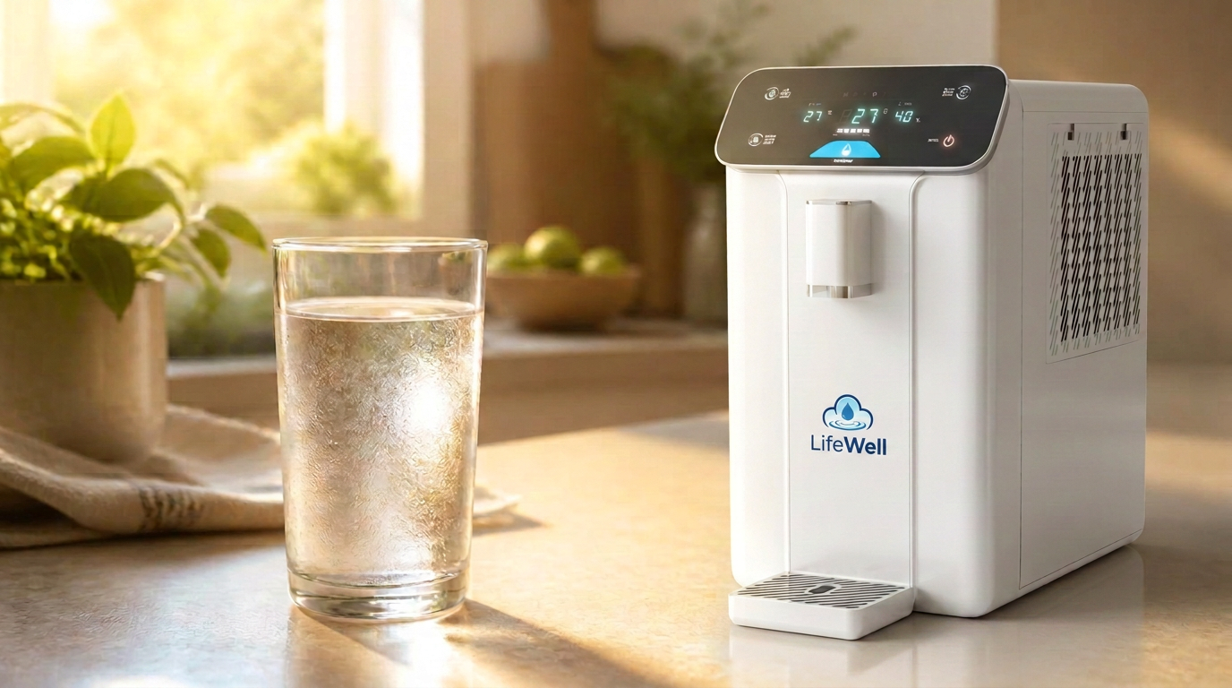 LifeWell S20 atmospheric water generator on a sunlit kitchen counter